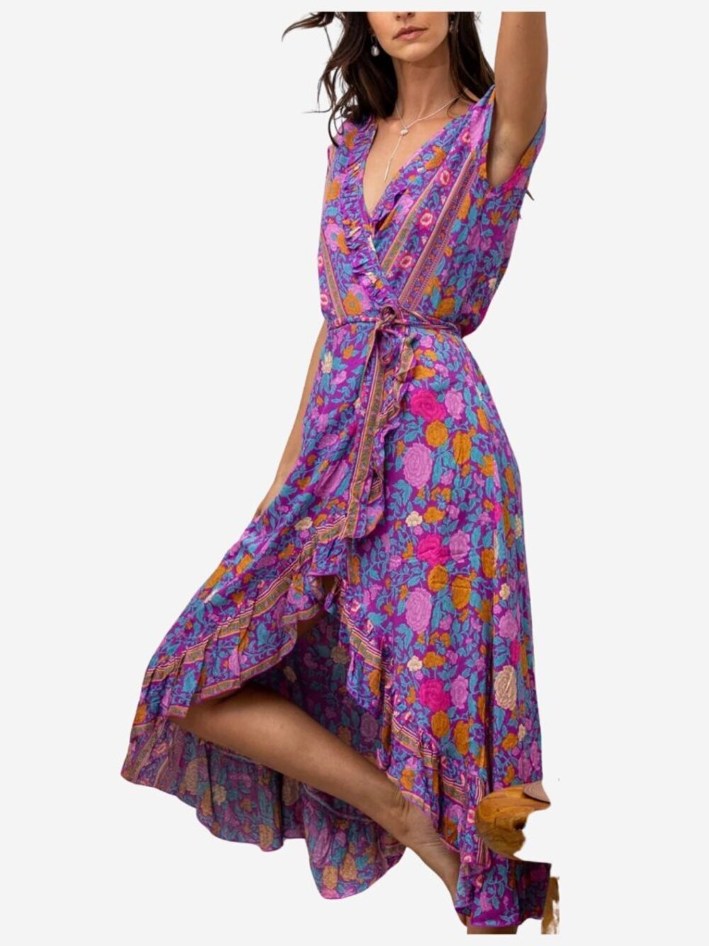 Sea Lustre Havana Maxi Wrap Dress Women’s S/M Purple Pink Floral Boho Rayon